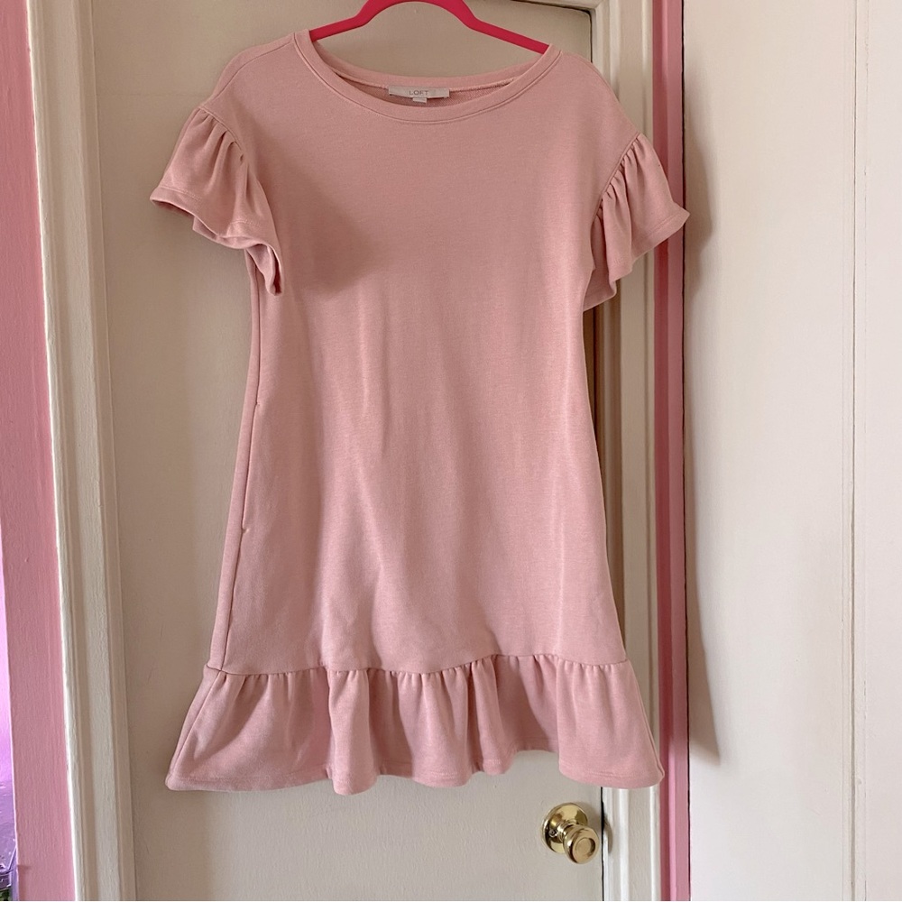 Ann Taylor LOFT Pink Mini Dress with Ruffles at Sleeves and Hem
